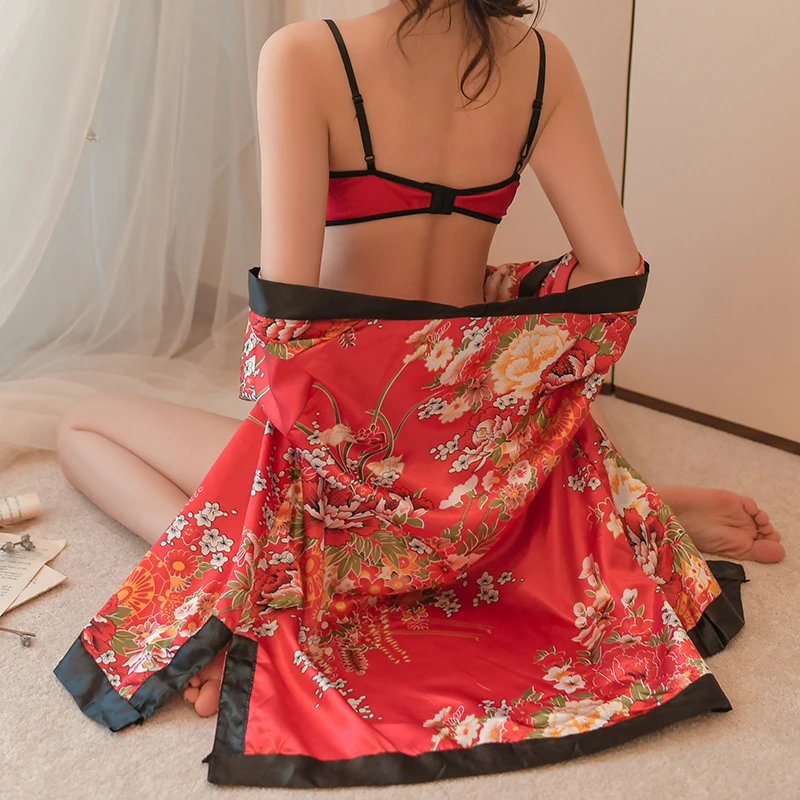 Red Sexy Lingerie Japanese Kimono Cosplay Printed Floral Bathrobe Pajama Kawaii Women Uniform Robe Nightdress Bra Panties Set