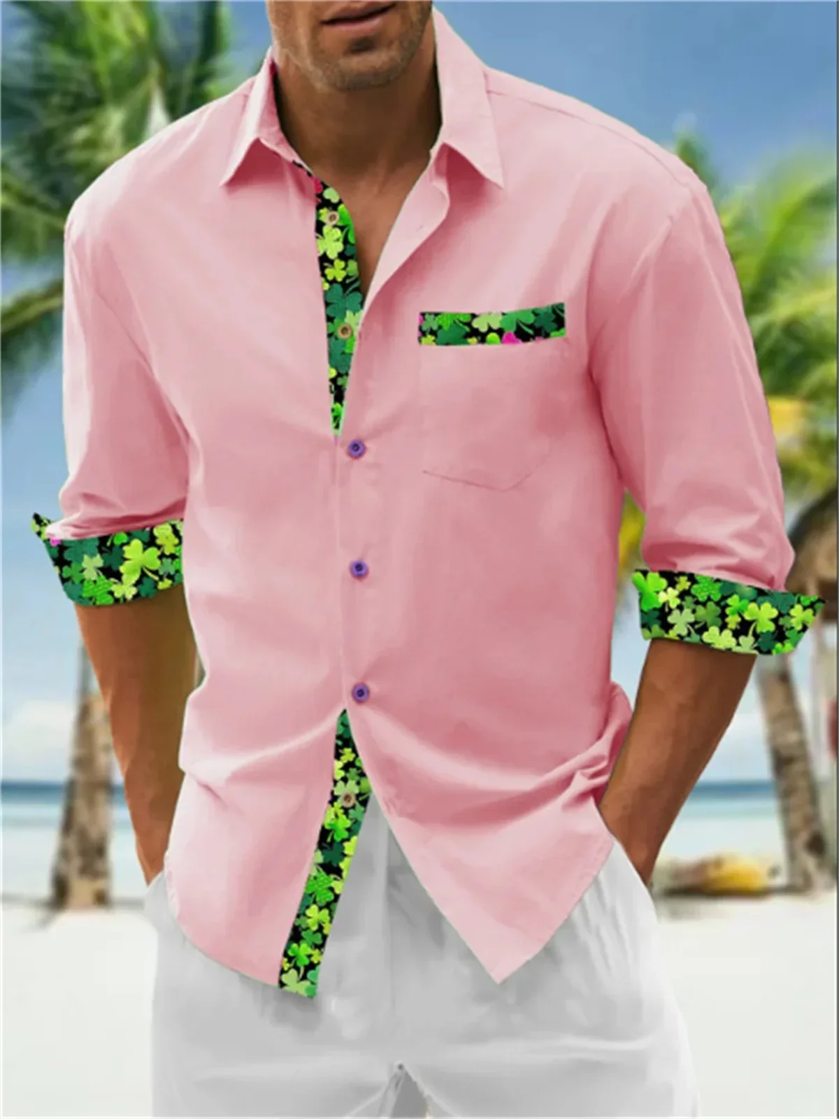 2024 new men's patchwork pocket long sleeved lapel casual shirt tiki vacation Hawaiian shirt designer designed shirt S-6XL