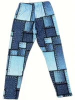 Plus-size Women's Fashion High-waisted Leggings Casual Imitation Denim Plaid Elastic Printed Leggings Casual Foot Pants - Image 2