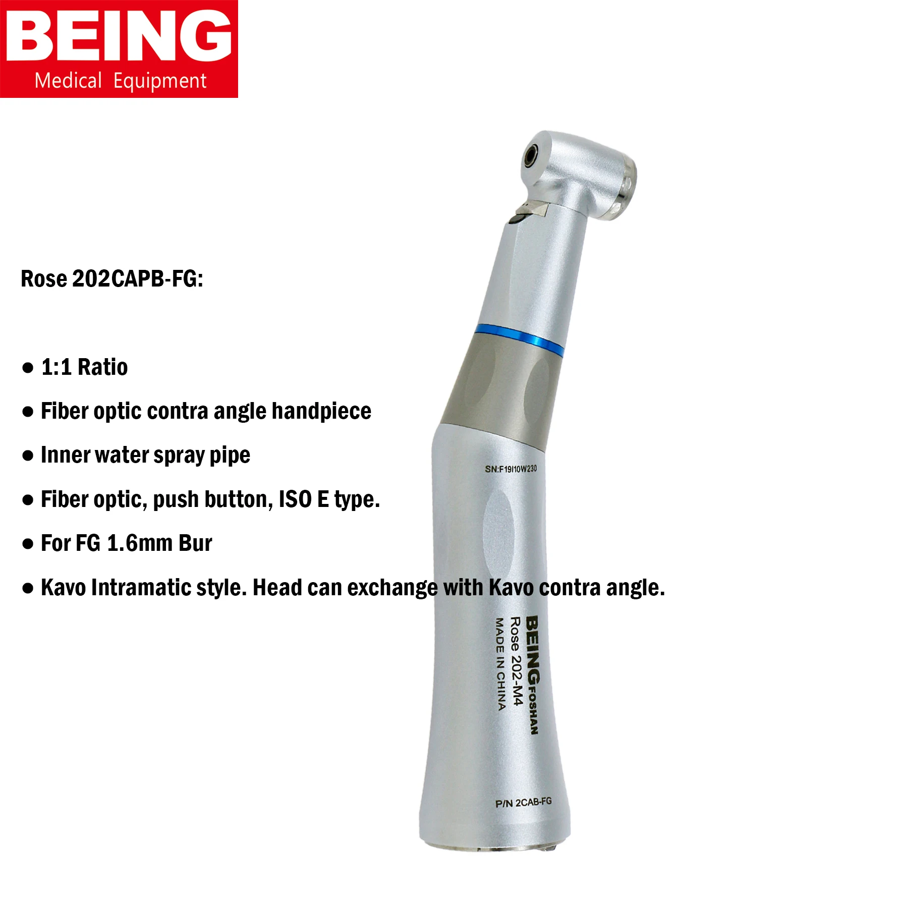 

BEING Dental Fiber Optic Contra Angle Handpiece LED 1:1 Low Speed 202CAPB-FG 1.6mm ISO E Type