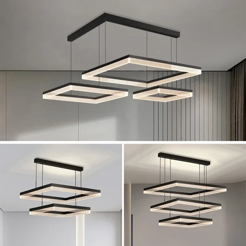 Modern Minimalism Square Led Pendant Lights Dimmable Living Room Chandelier Lighting Home Lustre Bedroom Hanging Lamp Fixtures