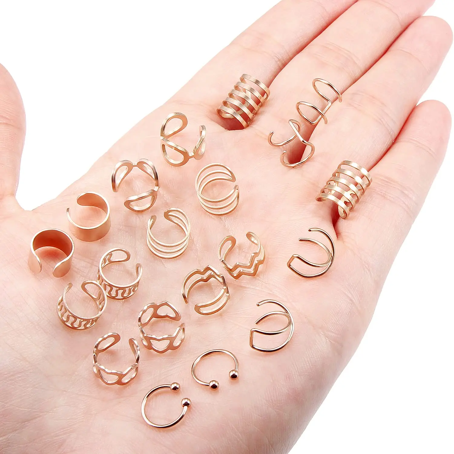 2-20pcs Rosegold Stainless Steel Adjustable Non-Piercing Cartilage Clip On Wrap Earrings Fake Helix Ear Cuff Fake Lip Nose Ring