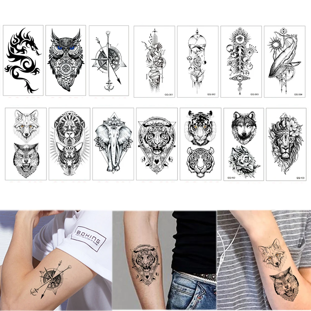 Kleine wasserdichte temporäre gefälschte Tattoo Aufkleber Tiger Wolf Drache  Pfeil Kompass Mode Kunst Arm Handgelenk Hals Mini Mann Tattoo - AliExpress, image size:1000x1000