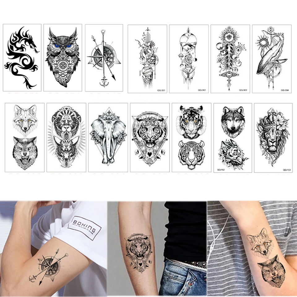 Temporäre Tattoos Kleine Wasserdichte Temporäre Gefälschte Tattoo Aufkleber  Tiger Wolf Drache Pfeil Kompass Mo Kunst Arm Handgelenk Hals Mini Mann Tattoo  Tattoo Kinder Drachen, image size:960x960