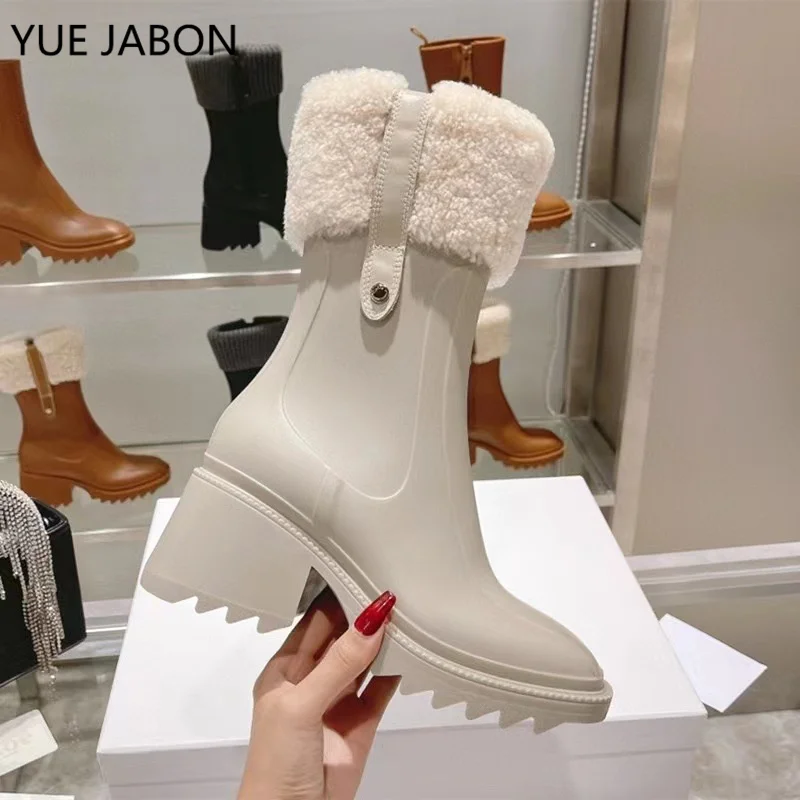 

Black White Punk Goth Women Boots Fur Halloween Cosplay Chunky Heel Platform Shoes Mid Calf Brand Designer Party Warm Boots