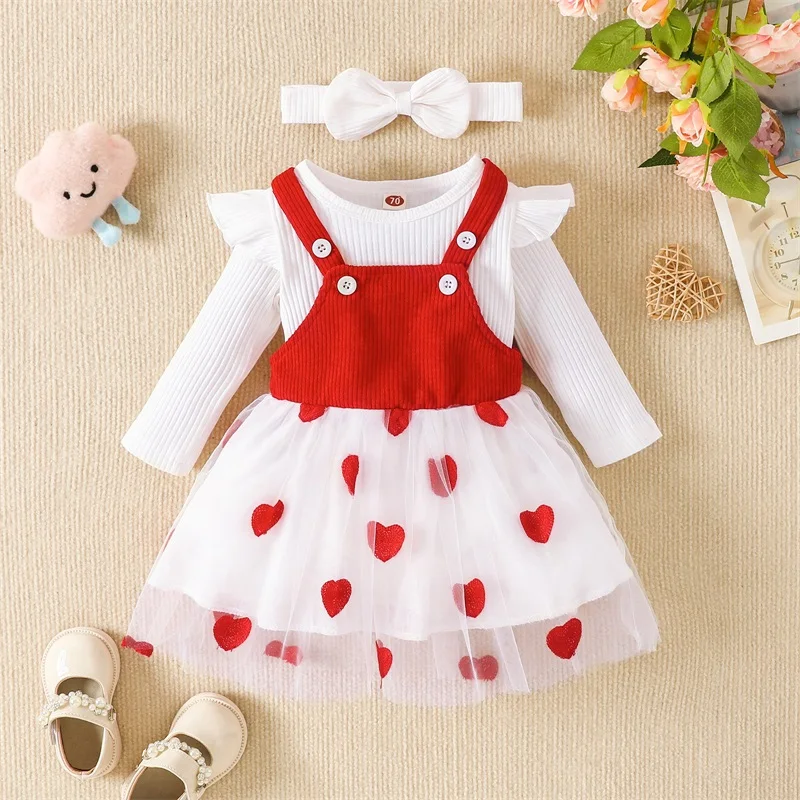 

Baby Girls Bodysuit Set Valentine's Day Long Sleeves Romper and Heart Print Corduroy Suspender Dress Headband Outfit 0-18Months