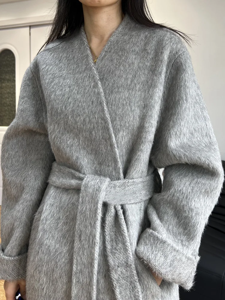Solid Color Double-sided Alpaca Wool Coat Women Fashion Loose V-neck Bathrobe Lengthen Wool Coat Warm Lace-up Tide Autumn Winter