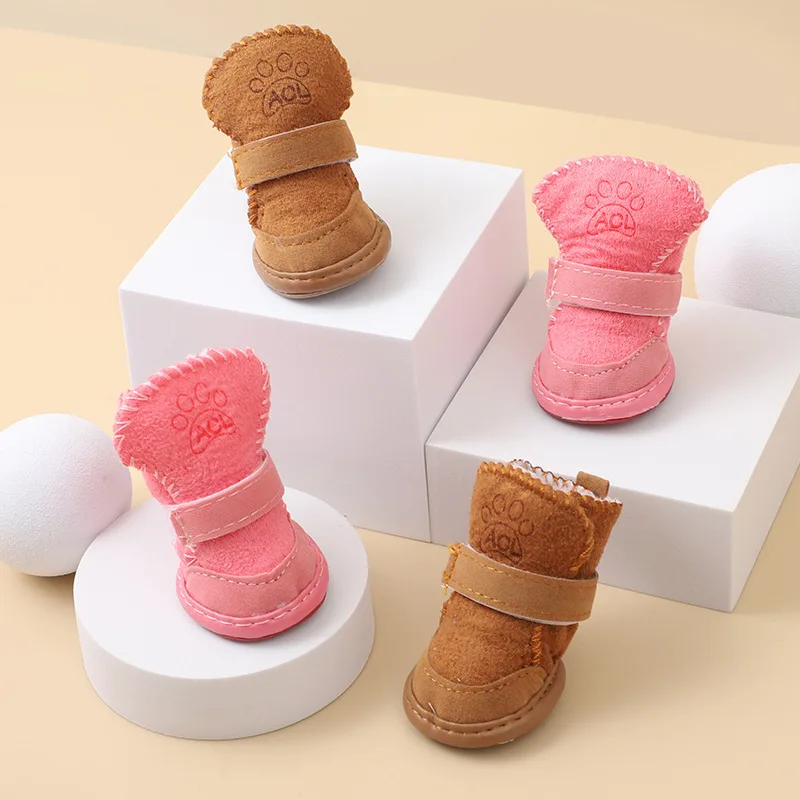 4PCS/Set Pet Thick Soft Bottom Khaki/Pink Snow Boots Non-slip Shoes Dog Cotton Shoes Waterproof Warm Winter Dog Shoes Teddy