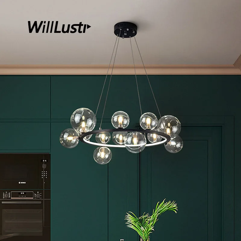 

Aluminum Ring Pendant Lamp Creative Glass Bubble Ball Suspension Light Hotel Living Dining Bedroom Hanging Ceiling Chandelier