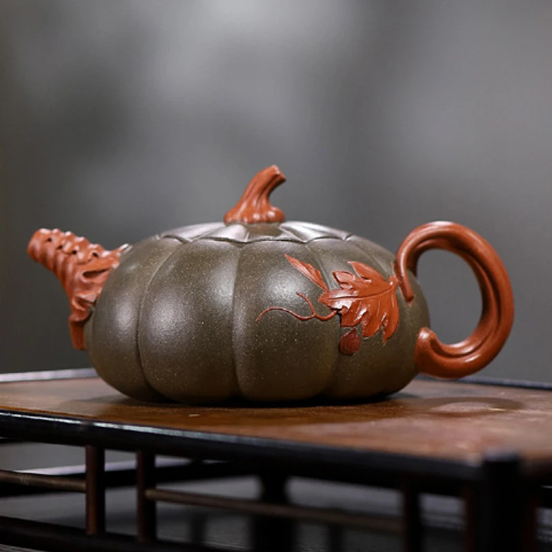 Chinese Style Pumpkin Shaped Teapot, Purple Clay Raw Ore Green Mud, Kung Fu Household, Pure Handmade, 310ML, Tea Pots, 1Pc