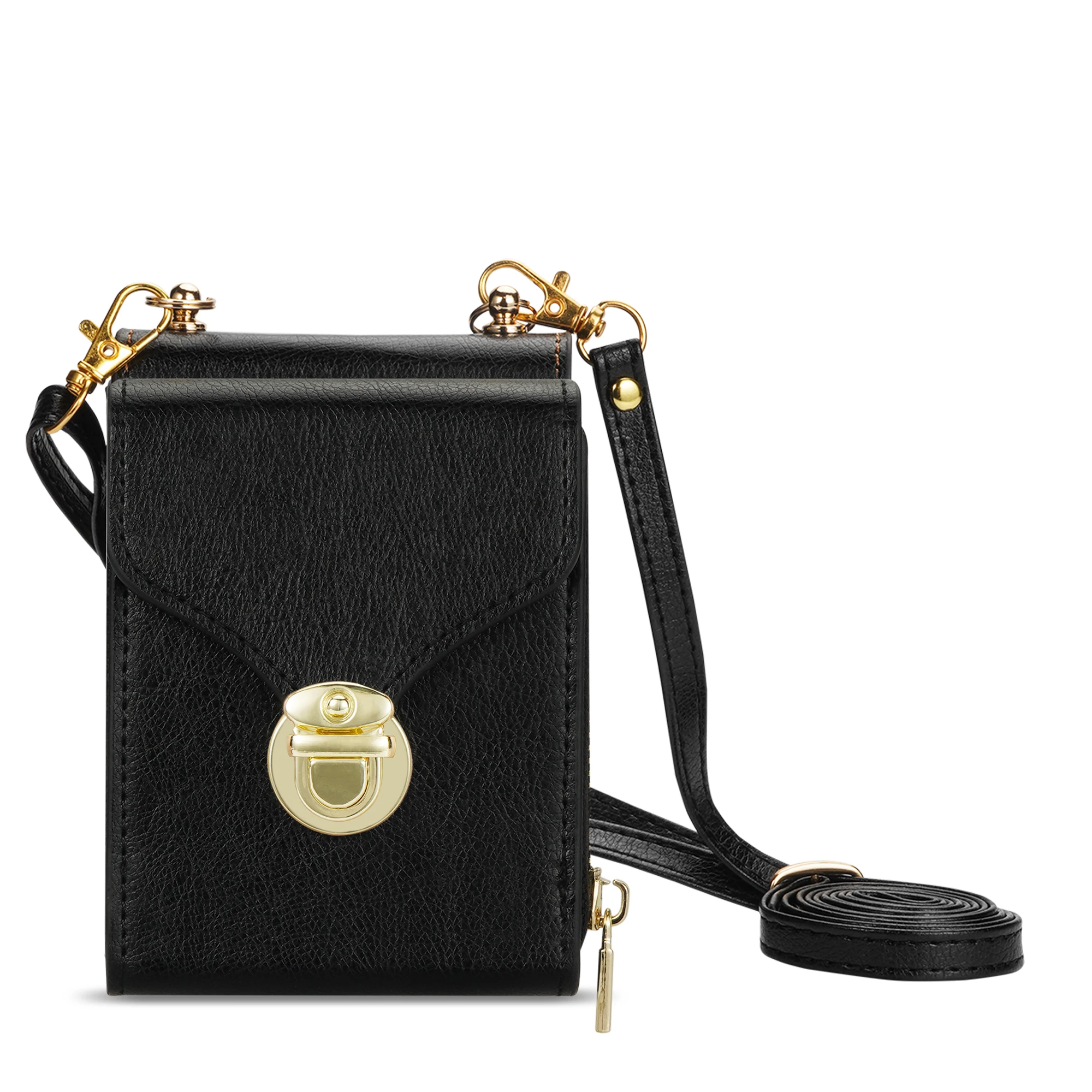 Elegant Crossbody Leather Wallet Case with Long Lanyard and Zipper Card Holder Purse Cover
