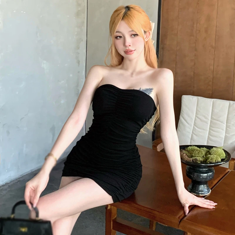 슬림 섹시 단색 민소매 바디콘 드레스, 가슴 패드 코튼, 한국 버전, 여름 여성 드레스