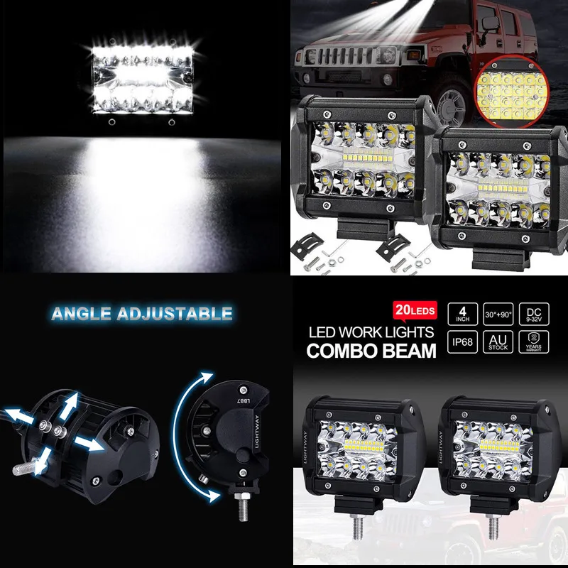 ε  Ȱ, 4 ġ IP67 , 60W, 20 LED ۾, ȫ  ޺, Ʈ SUV