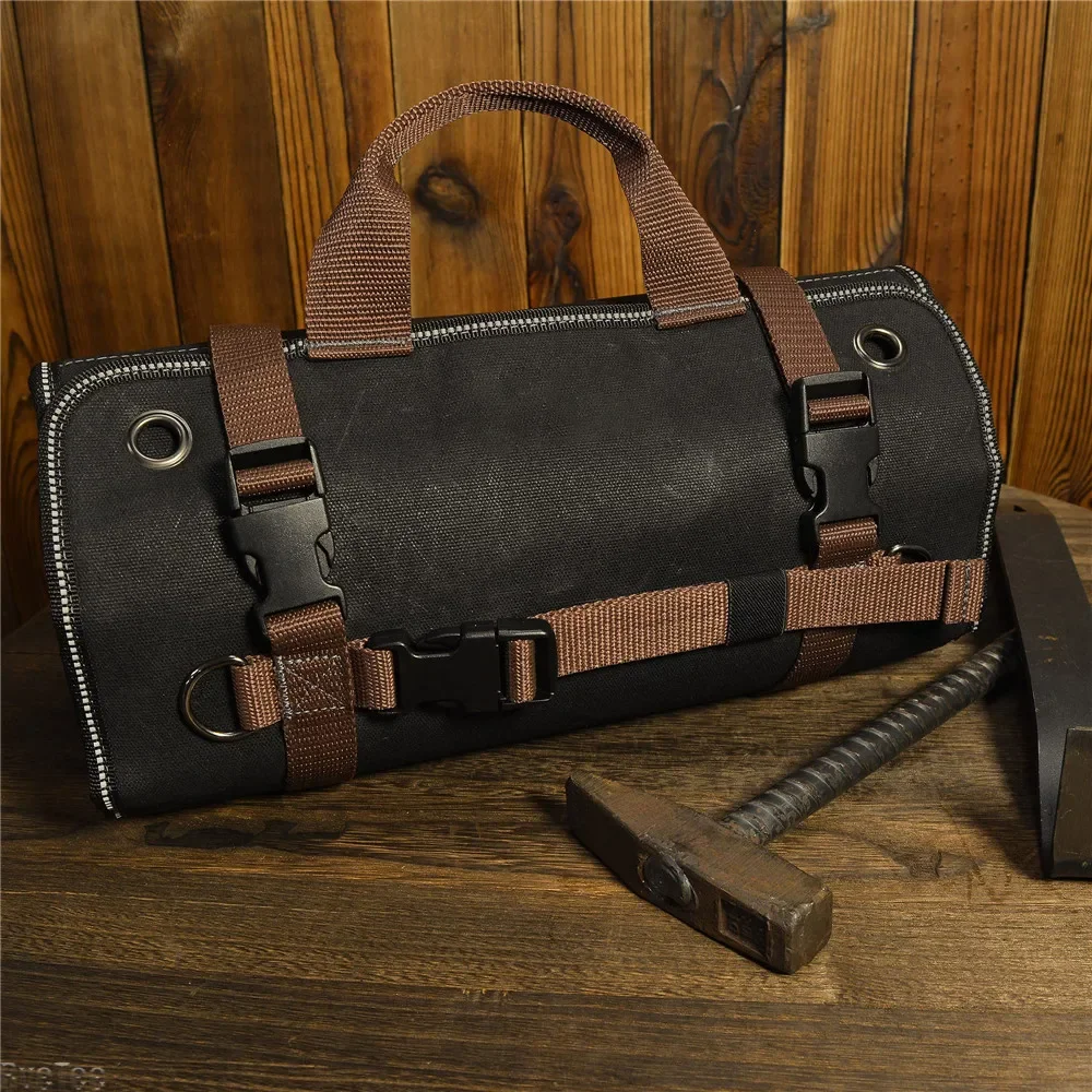 Heavy-Duty Waxed Canvas Tool Roll 15-Pockets Tool Roll Up Bag