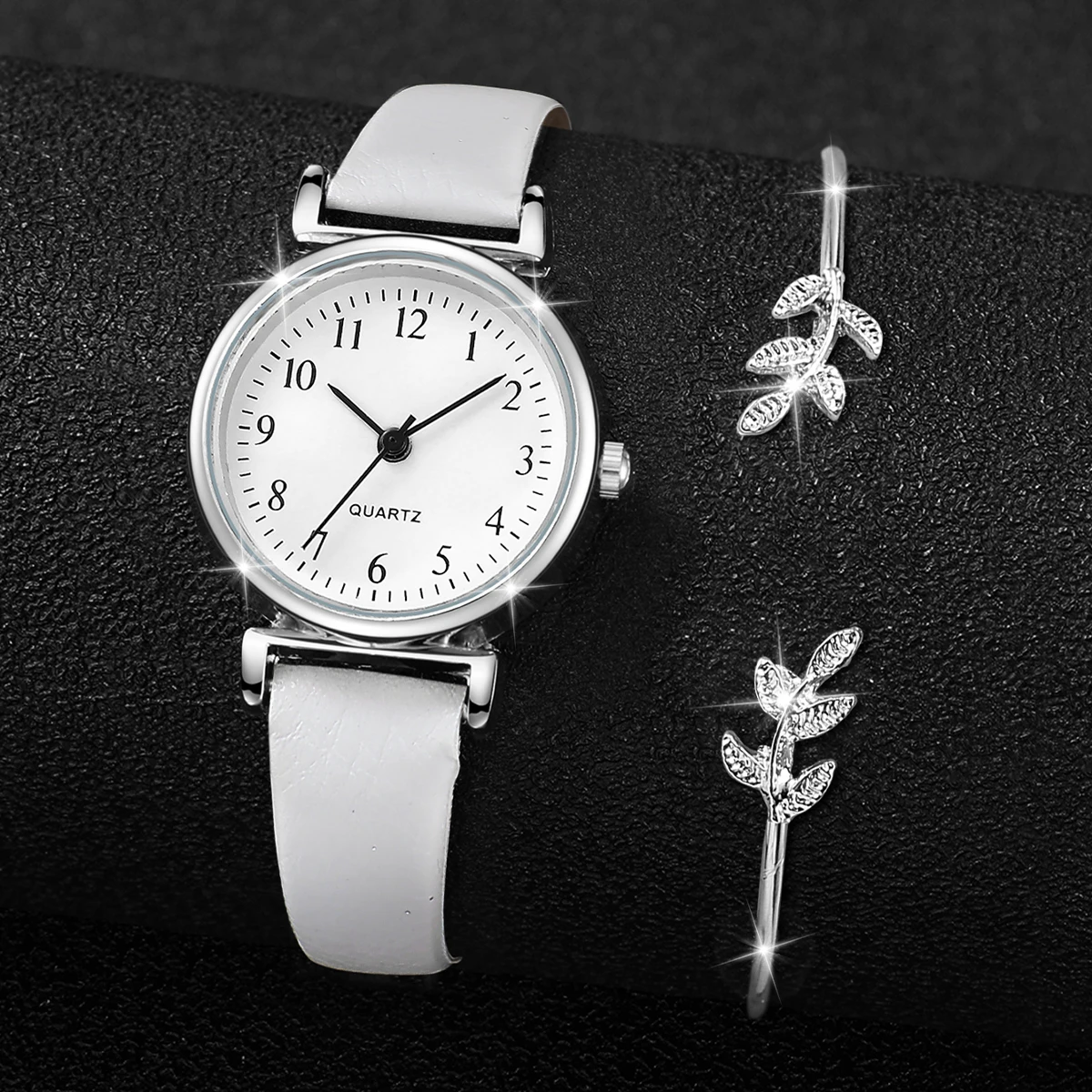 2PCS/Set Women's Watches Fashion Small Arabic Dial Quartz Watch Casual Leather Band Wristwatches Bracelet Set（Without Box） 5
