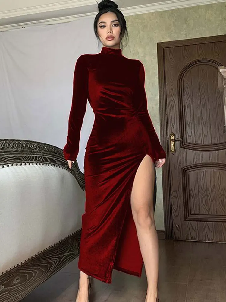 

Autumn Winter Maxi Velvet Dress Women Long Party Dress Ladies Slit High Neck Velour Dress For Women