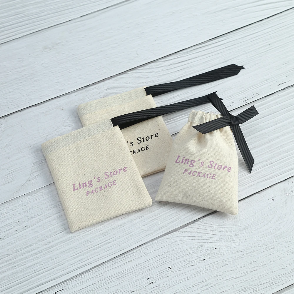 100 Personalized Logo Custom Nature Cotton Drawstring Bags Jewelry Pouches Packaging Chic Wedding Favor Bag with Black Ribbon