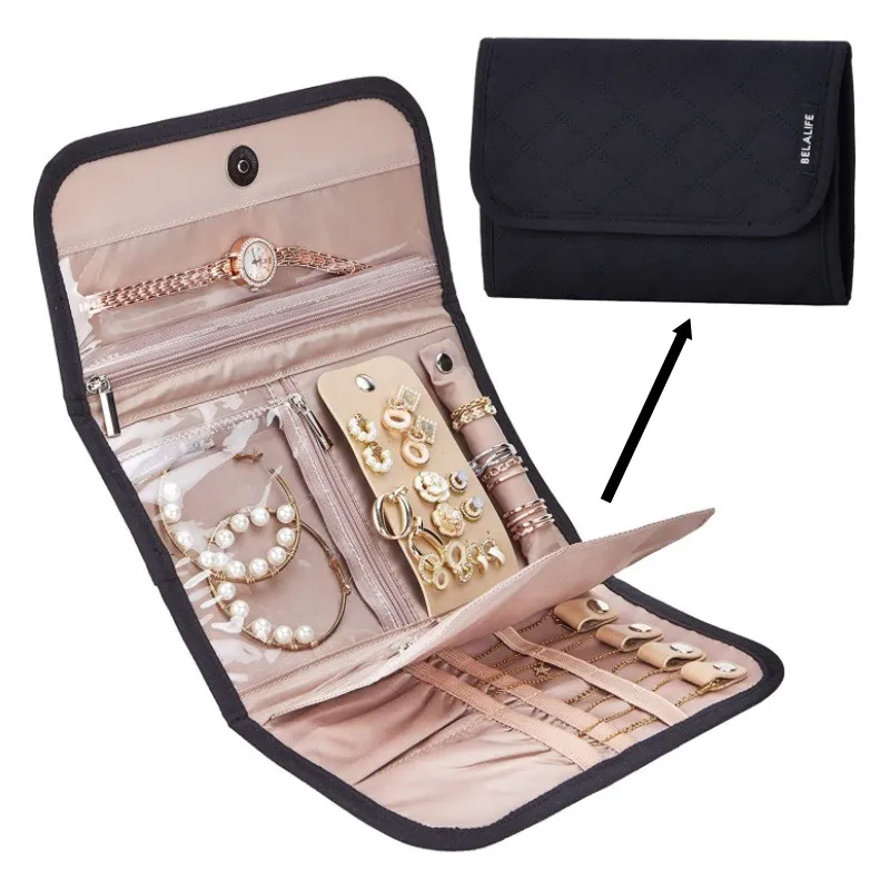 Foldable Roll Jewelry Case Travel Jewelry Organizer Portable for Journey Earrings Rings Diamond Necklaces Brooches Storage Bag