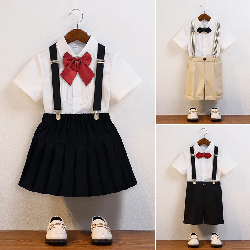 

Girl School Uniform Summer Short Sleeve Shirt Suspender Trousers Blazer Set Children Choral Performance Costume Boy Wedding Suit