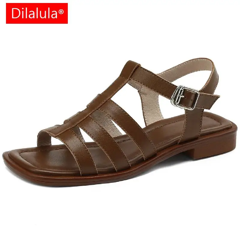 

Dilalula Sandals For Women Summer Retro Fashion Concise Genuine Leather Rome Style Peep Toe Low Heels Working Casual Shoes Woman