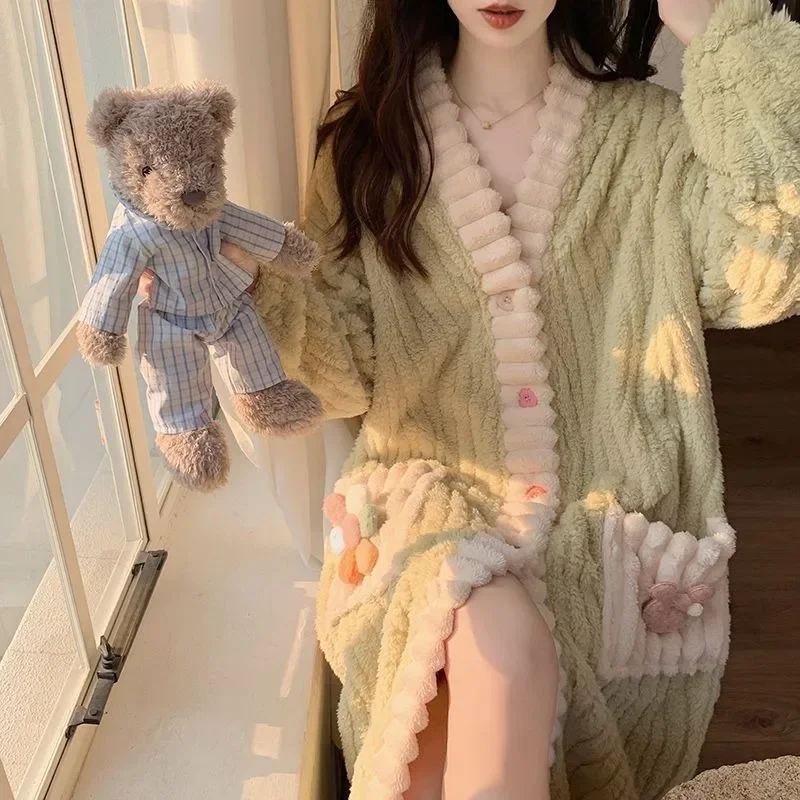 Coral Velvet Pajamas Winter Women's Plush Thickened Bathrobe Autumn Long Bathrobe Flannel Sleepwear V-neck Nightwear 2023 New