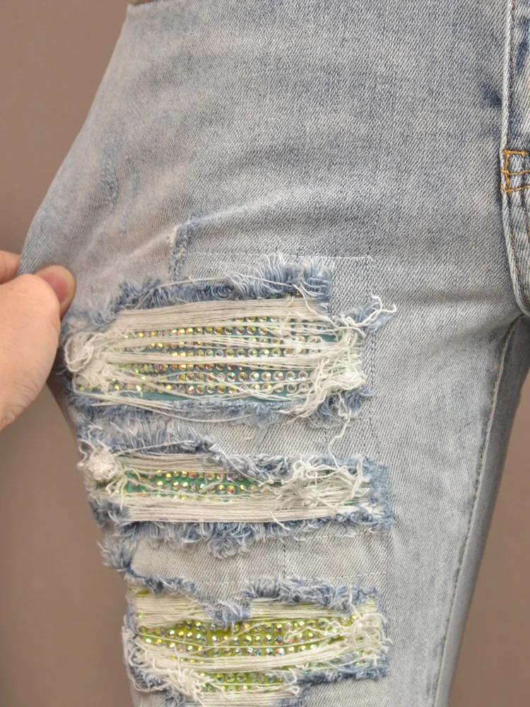 Light Color Hole Jeans Men's Motorcycle Fashion Scrape Design Stretch Slim Fit Skinny Patch Washed Distressed Men's Pants 4