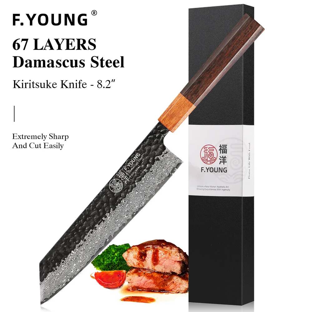 F.YOUNG 8.2" Japanese Kiritsuke Chef Knife Damascus Steel Sharp Meat Vegetable Cleaver VG10 Handmade Professional Kitchen Knives
