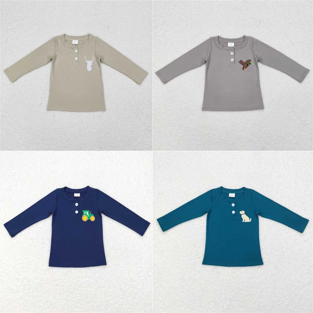 

Оптовая продажа, Лидер продаж, детская одежда в западном стиле, одежда для маленьких девочек, однотонный хлопковый топ с длинными рукавами и вышивкой в виде животных