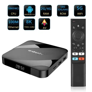 TV98 ATV S905W2 TV Box 8K Android 14 Dual Band Set Top Box 2.4/5G 4+64G Voice Remote WiFi Media Player Smart TV Box EU Plug 1