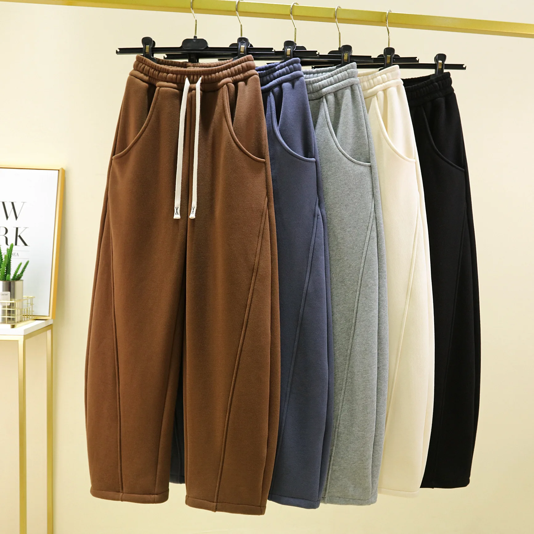 

High quality cotton Banana trousers Women Autumn Winter Fleece wide leg pants straight slacks casual warm sweatpants