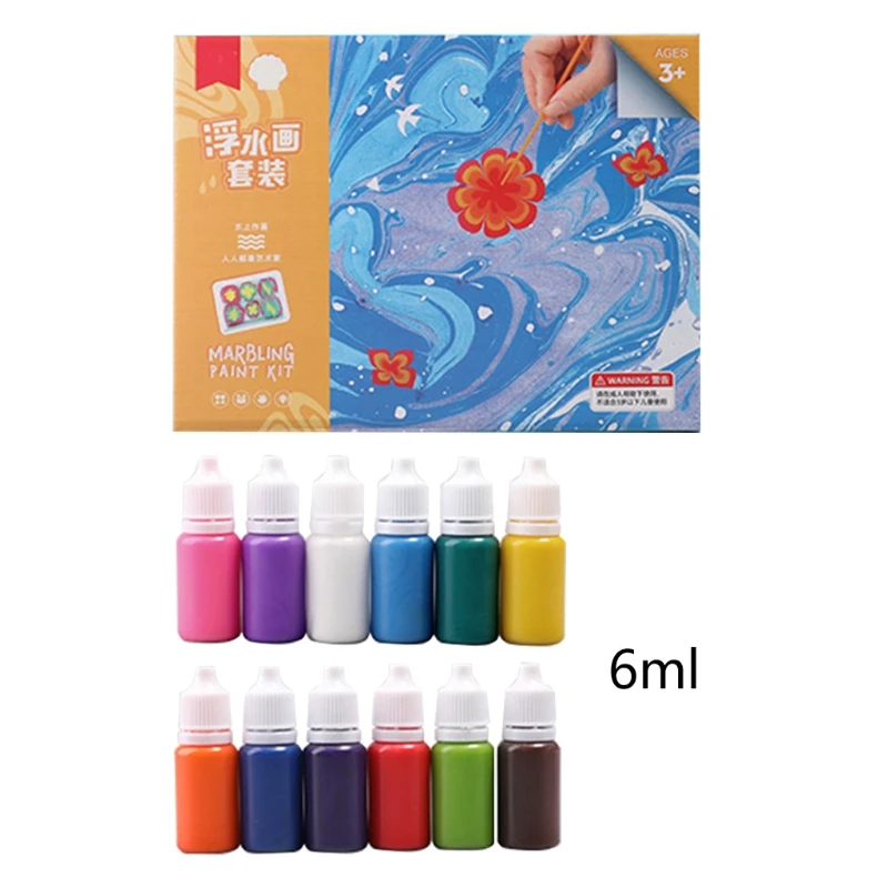 Water Marbling Paint Kit Water Art Paint Set Sketch Paper Arts Crafts for Girl Boy Creative Activities 6ml 6/12x