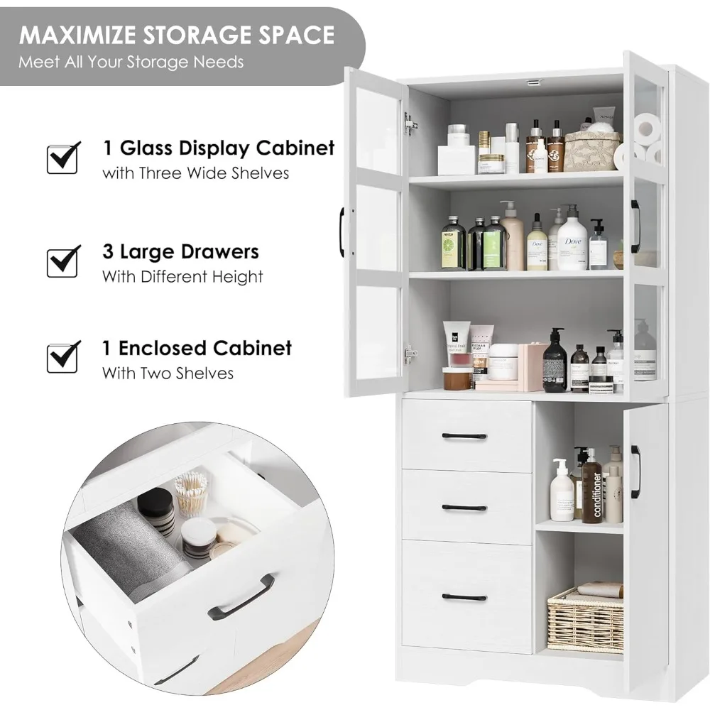 Modern standalone tall bathroom storage cabinet with 2 glass display doors, shelves and drawers, 67 inch H-height cabinet