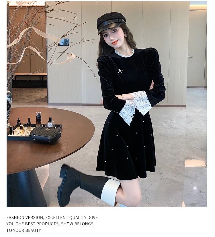 Woman Spring Summer New Elegant Velvet Mini A-line Dresses Long Sleeve Party Fashion One Piece Robe