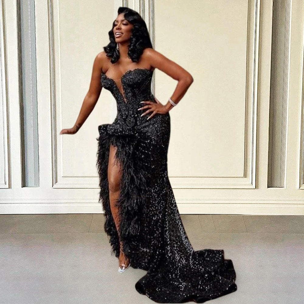 Black Feather Evening Dresses Long Luxury 2022 Prom Crystal Sequin
