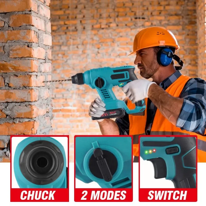 1000W 3600rpm Cordless Electric Rotary Hammer Rechargeable 8600ipm Electric Hammer Drill Power Tools For Makita 18V Battery 5