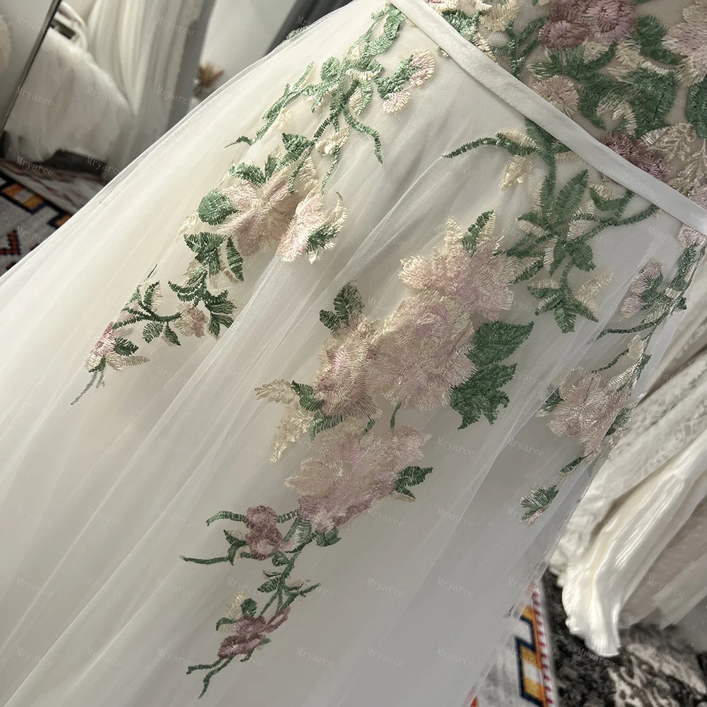 Mryarce 2024 Colorful Embroidery Lace Flowy Wedding Dresses Sleeveless A Line Open Back Bridal Gowns 6