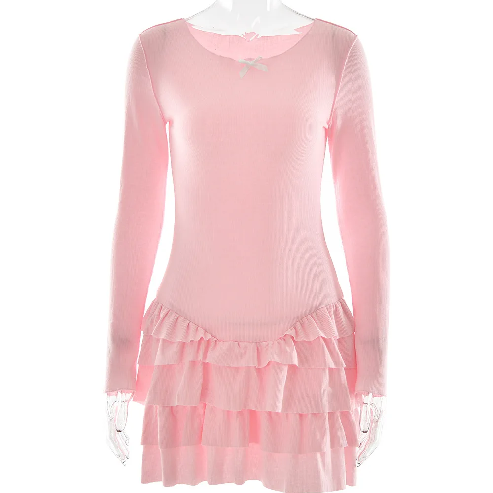 JULISSA MO Ribbed Round Neck Ruffles Women Dress White Long Sleeve High Waist Dress Female Autumn Skinny Elegant Streetwear 2025