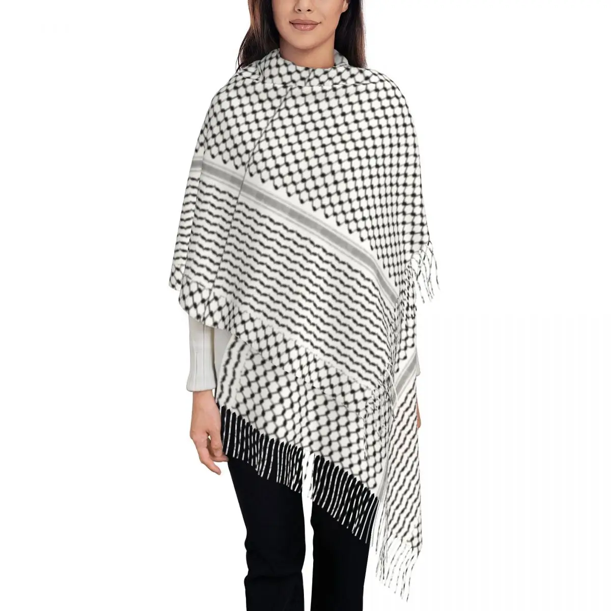 

Palestinian Hatta Scarf Folk Pattern Warm Soft Shawl Wrap with Tassel Female Retro Headwear Scarves Winter Designer Bandana