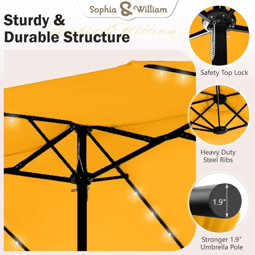 15 ft Extra Large Patio Umbrella with Solar Lights, Rectangular Outdoor Umbrella with Base Included, Market Umb 6