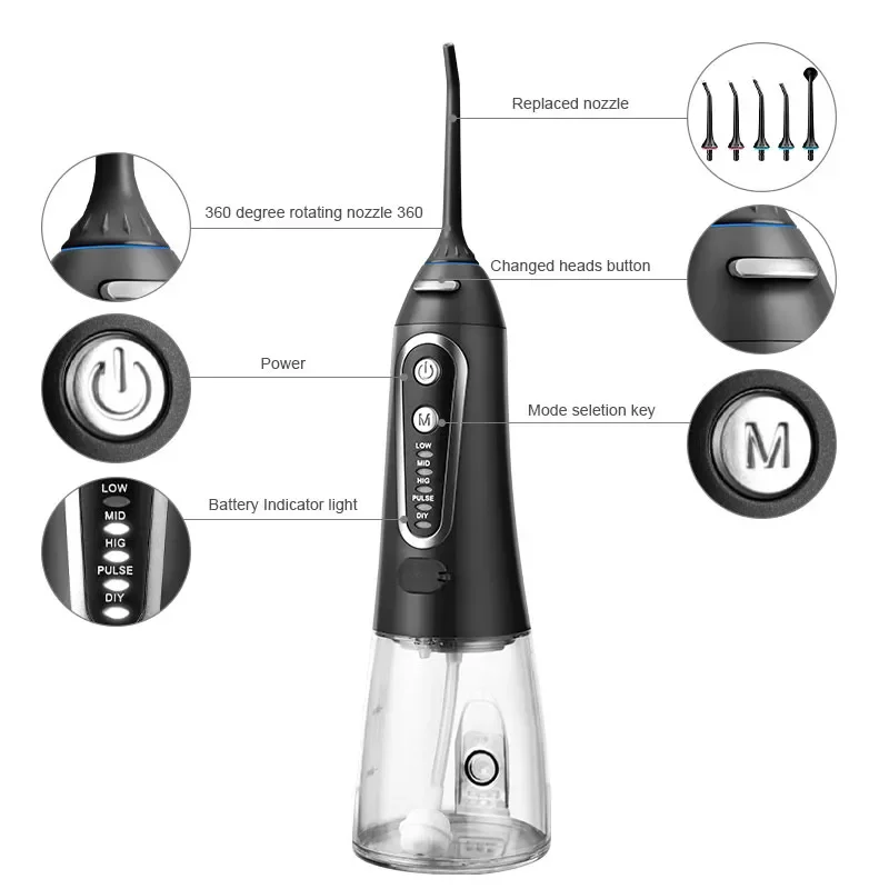 Oral Irrigator 5 Modes USB Rechargeable Portable Dental Water Flosser Jet 300ml Water Tank Teeth Cleaner 6 Jet Nozzle