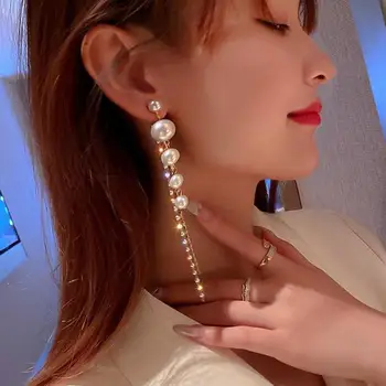 925 Silver Needle Korean Fashion Long Pearl Tassel Earrings For Women Jewelry 2025 Trending New Luxury Crystal Drop Earrings