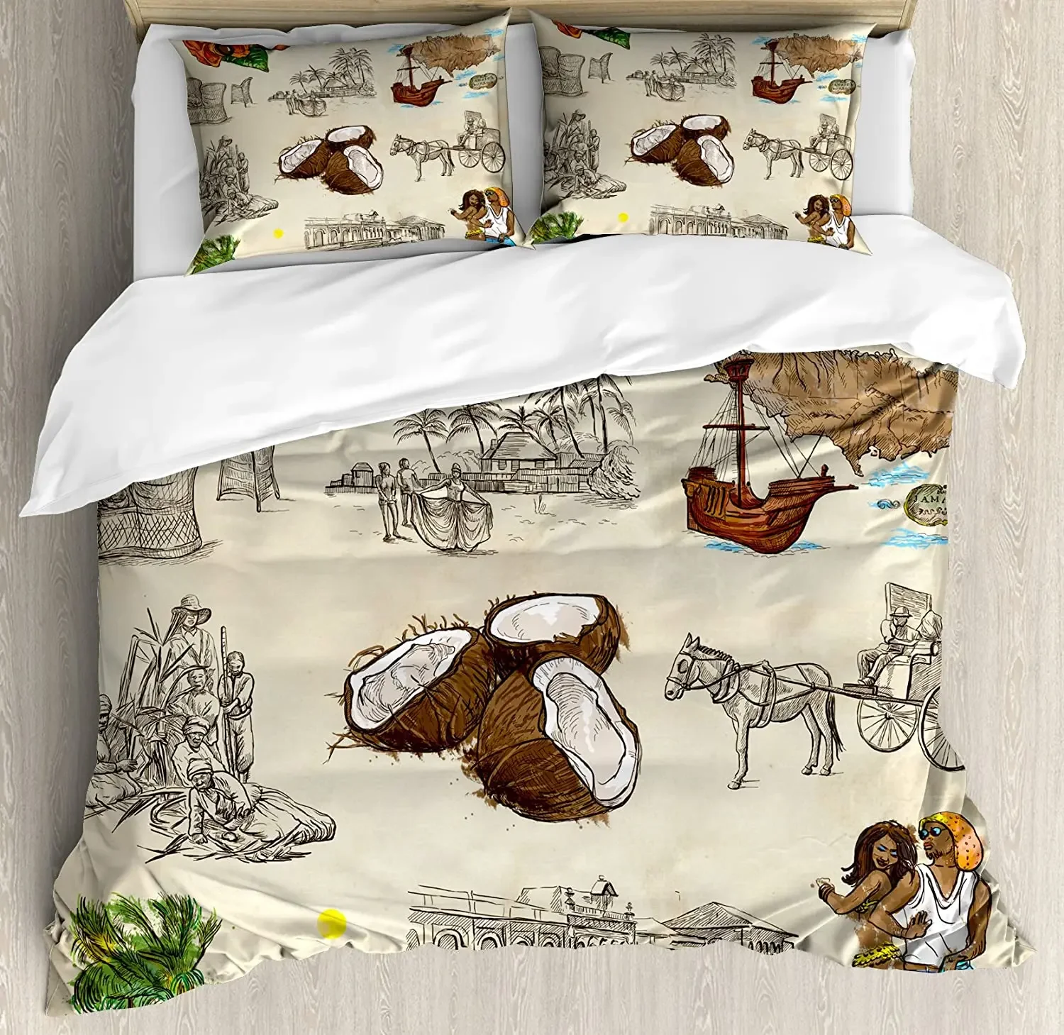 

Jamaican Bedding Set Hand Drawn Illustrations of Elements f 3pcs Duvet Cover Set Bed Set Quilt Cover Pillow Case Comforter Cover