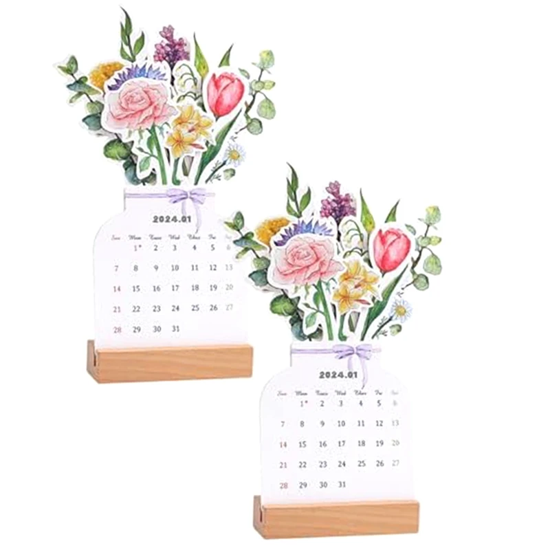 

Календарь с цветами и деревянной основой, календарь для стола с декоративными цветами, календарь для стола, 2024 красивые цветы, долговечный