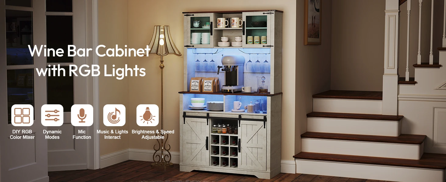 kitchen island with storage; buffets & sideboards; coffee bar with mini fridge space;