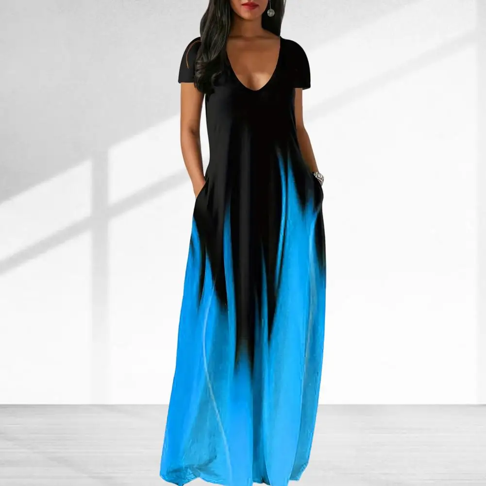 

Women Dress Contrast Color Maxi Dress Gradient Color V Neck Maxi Dress with Pockets for Women Soft Breathable Summer for Wear