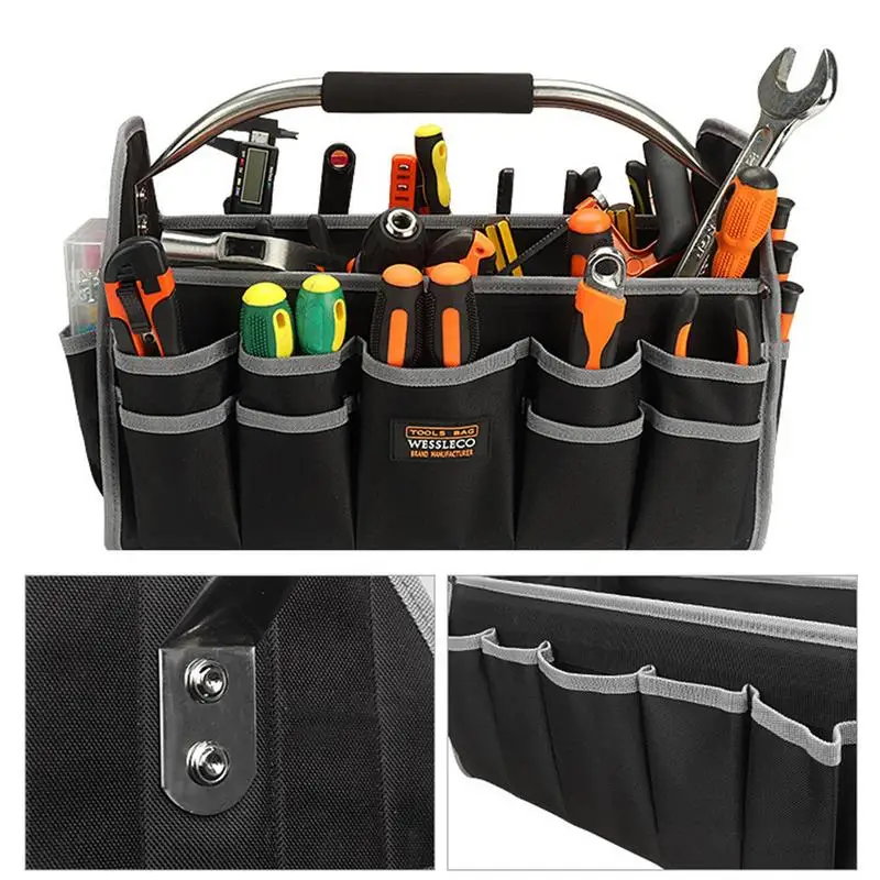 Open Top Tool Tote Bag Foldable Electrical Tool Bag Water-Resistant with Adjustable Shoulder Strap Reinforced Storage Pouch