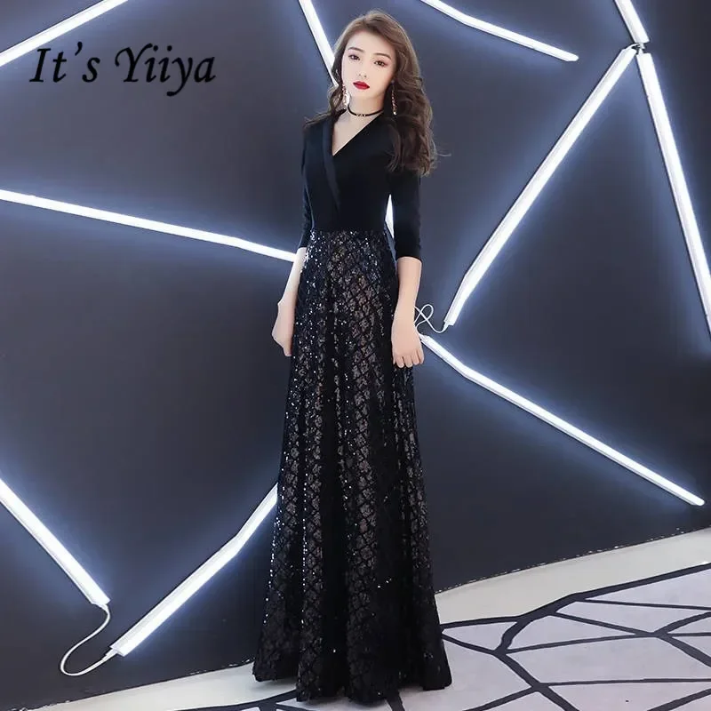 

It's Yiiya Evening Dresses Black Sequins Half Sleeve V-neck Robe De Soiree Floor length Plus size Women Party Formal Gowns R265