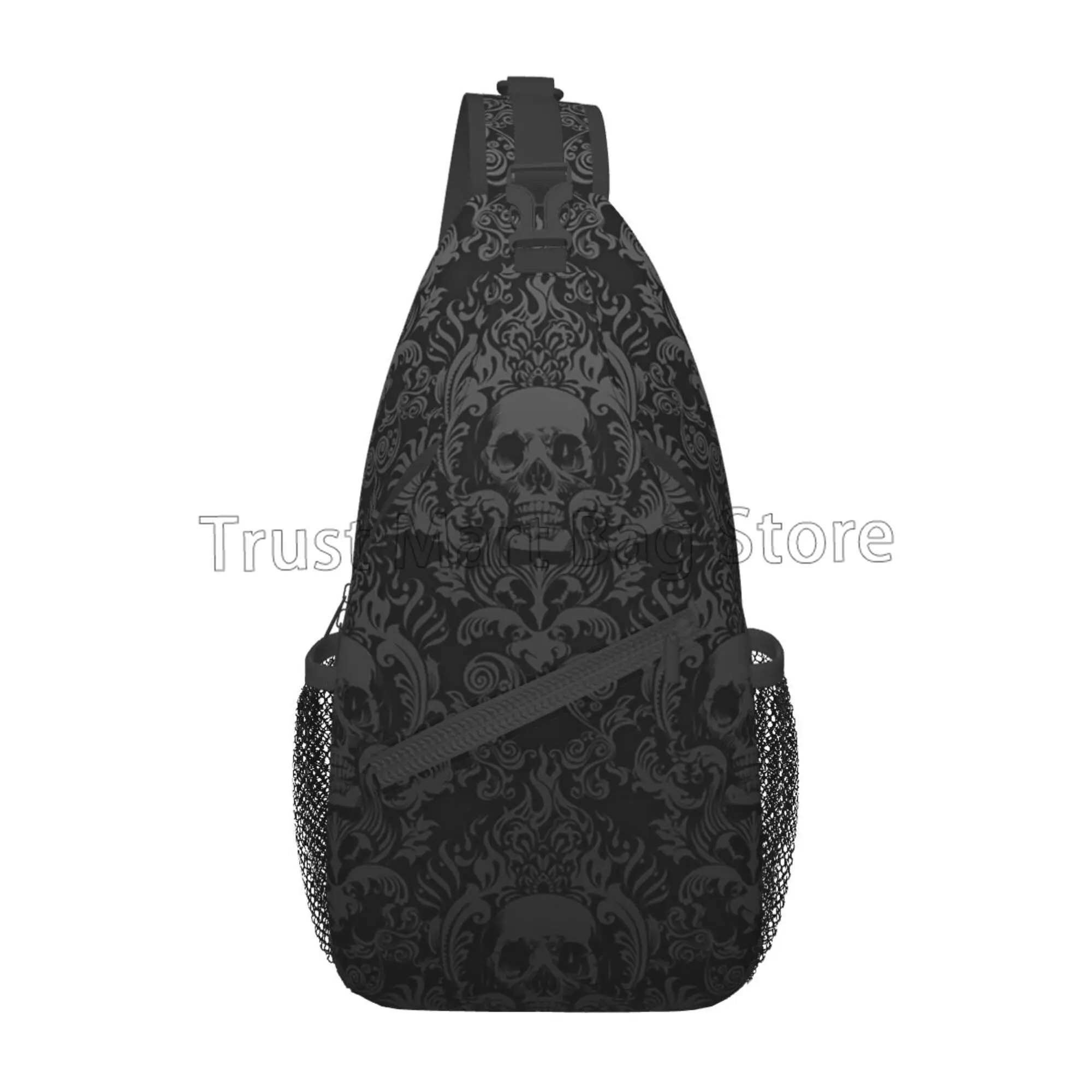 

Vintage Black Gothic Skull Damask Sling Bag Crossbody Shoulder Bag Casual Sling Backpack Chest Bag Travel Sports Hiking Daypack