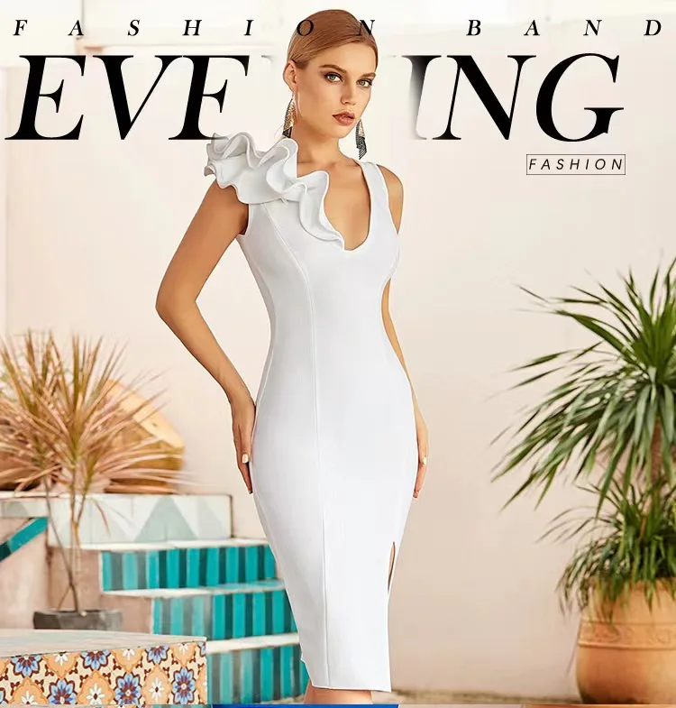 

Summer White Color Women's Sleeveless Bodycon Long Bandage Dress Elegant Slimming Ruffle Trim Women's Birthday Party Dress