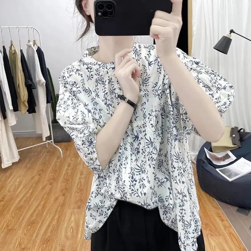 Elegant Fashion Harajuku Slim Fit Female Clothes Loose Casual All Match Tops Women Printed Button O Neck Short Sleeve Blusa